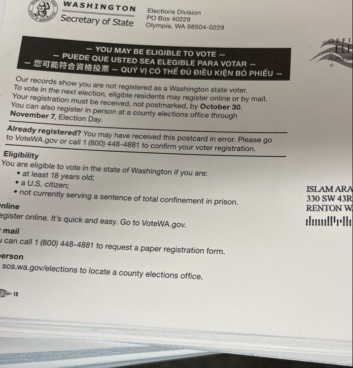 Voter registration postcard from Washington State Elections Division detailing eligibility requirements and registration options before the November 7 election.