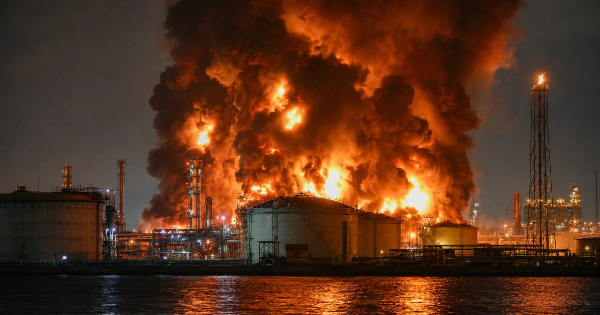 Fiery explosion at an industrial facility, with thick smoke billowing into the night sky, highlighting a significant disaster in an urban area.