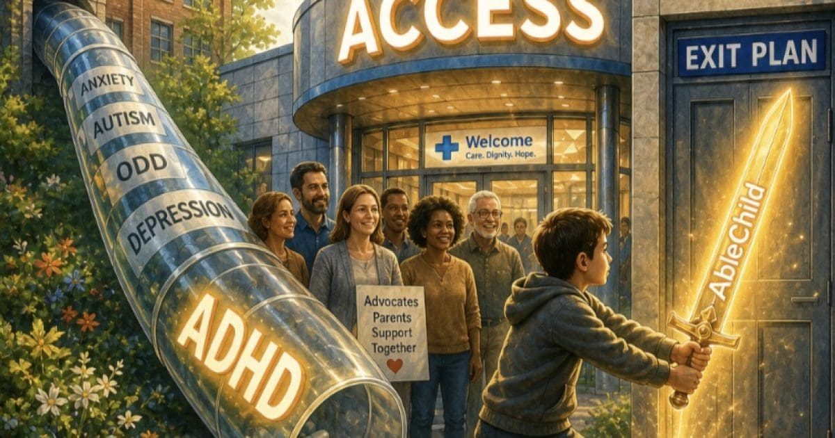 A diverse group of people stands outside an accessible mental health center, promoting support for various conditions like ADHD, autism, and anxiety, with a child holding a glowing sword labeled AbleChild.