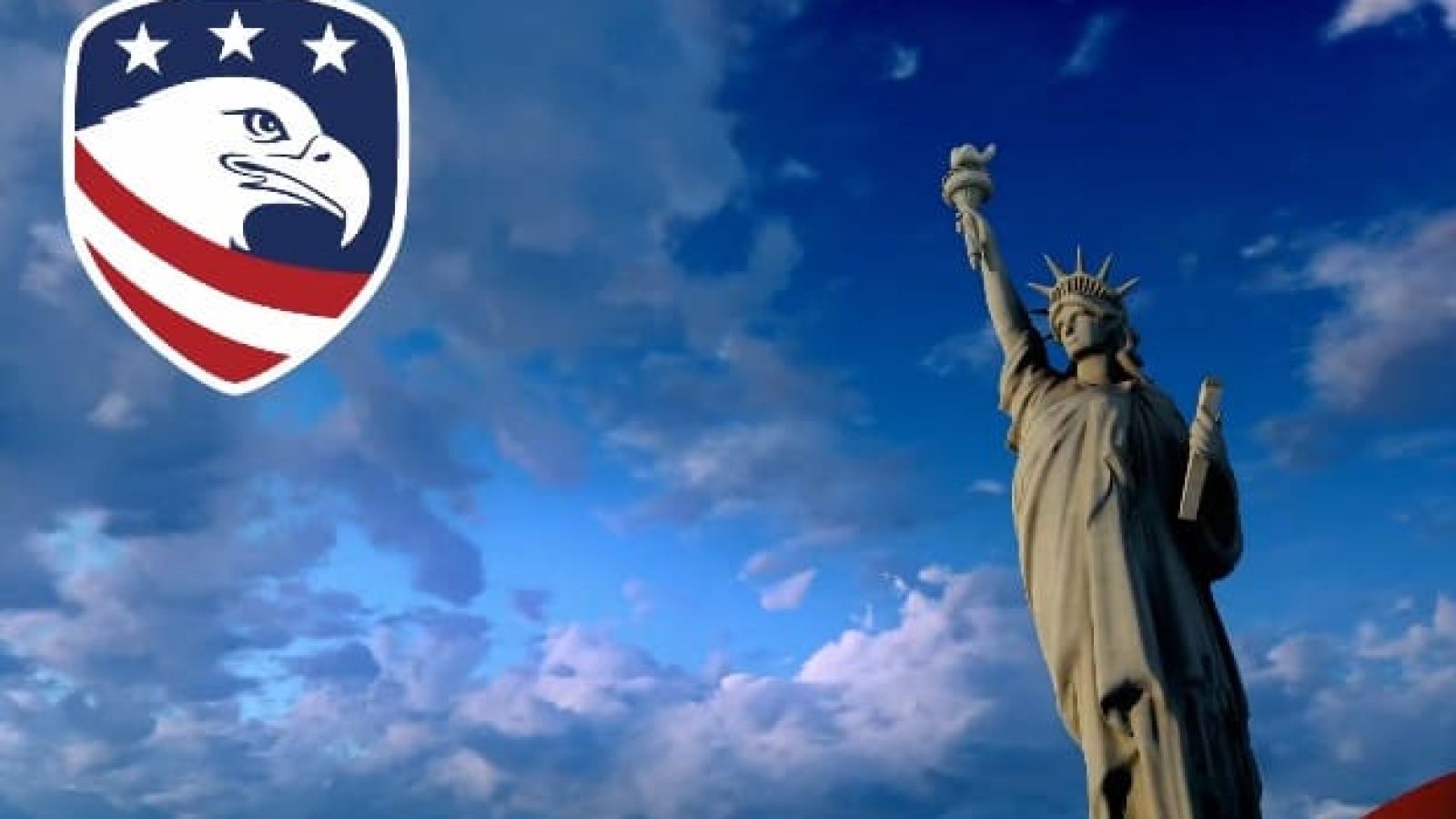 Statue of Liberty against a dramatic sky with an eagle emblem, symbolizing freedom and American values.