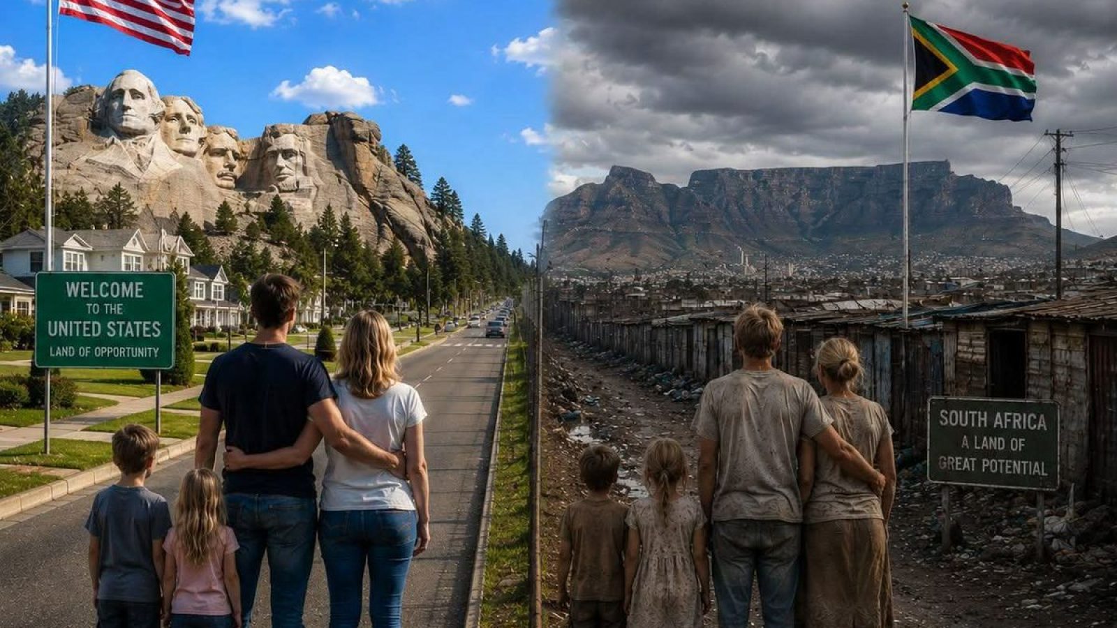 Image contrasting two families: one in front of Mount Rushmore in the United States and the other in a South African shantytown, highlighting disparities in opportunity.