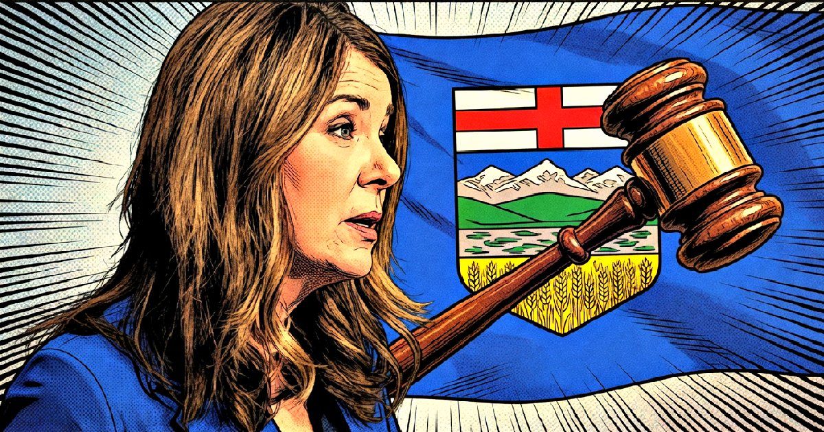 A woman in a blue jacket speaks in front of the Alberta flag, with a gavel symbolizing law and justice prominently featured.
