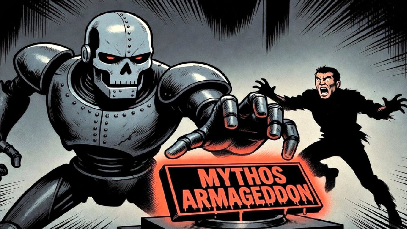 A menacing robot with a skull face reaches for a sign labeled "MYTHOS ARMAGEDDON," while a terrified man recoils in fear.