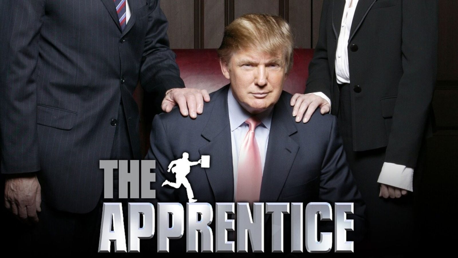 Donald Trump is featured as the host of The Apprentice, surrounded by two contestants in a corporate setting.