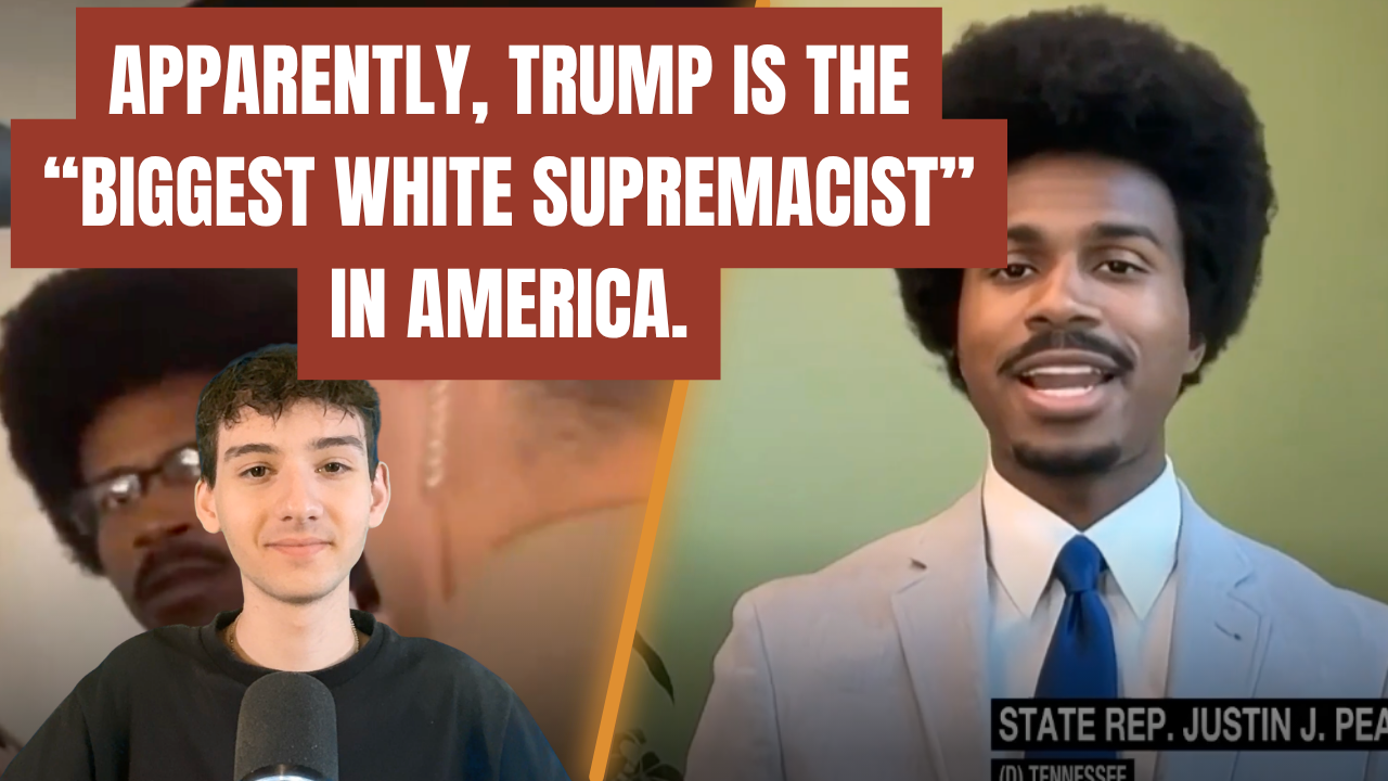 Image featuring a discussion on political statements regarding Trump, showcasing two individuals: one with glasses and an afro, and another in a suit, addressing the camera.