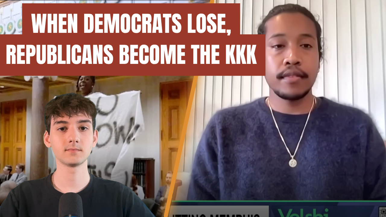 Two speakers discuss political tensions, with a background featuring a protest scene and a banner, highlighting the impact of party losses on societal dynamics.