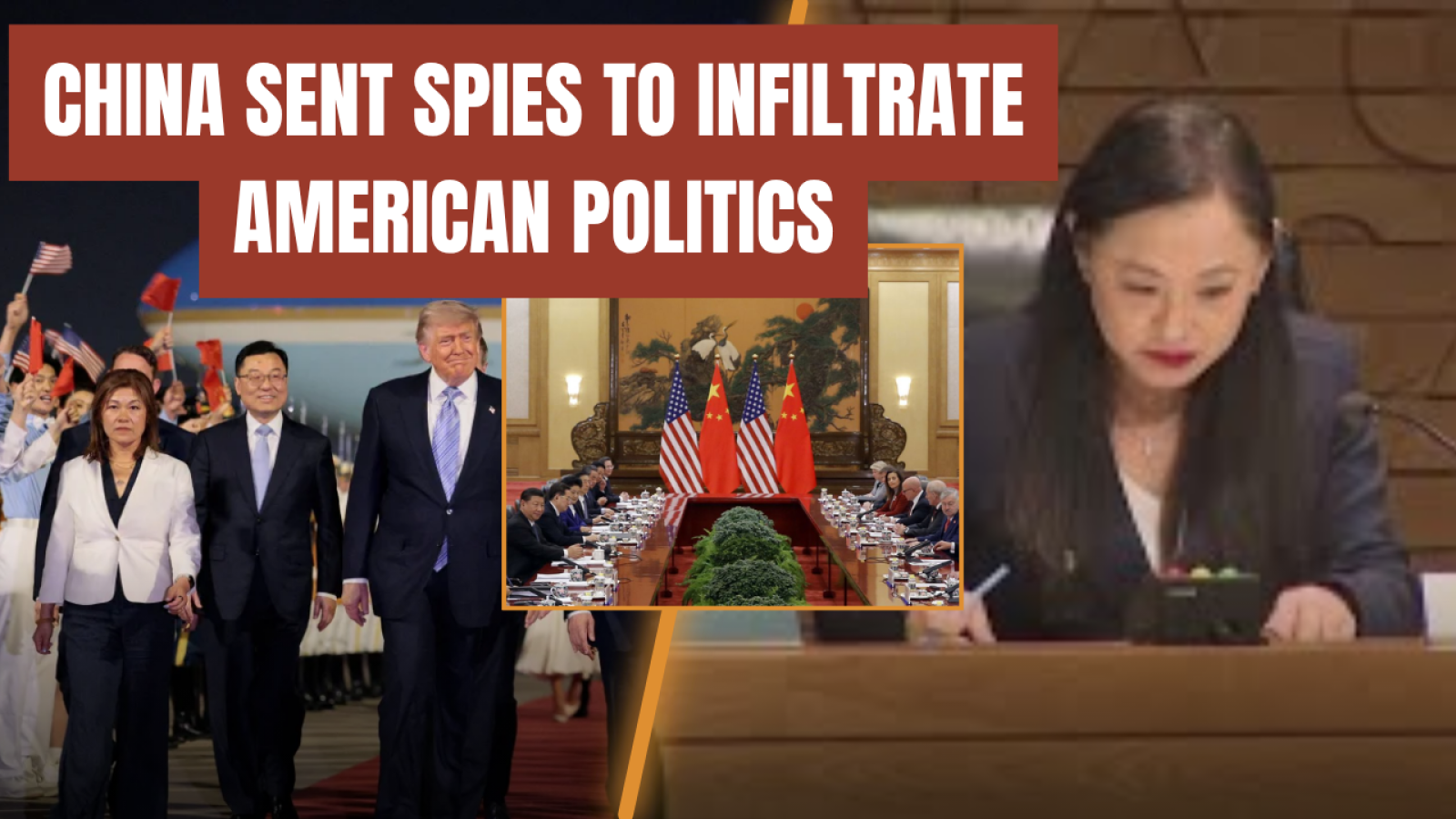 Image depicting allegations of Chinese espionage in American politics, featuring prominent figures and diplomatic meetings between China and the U.S.