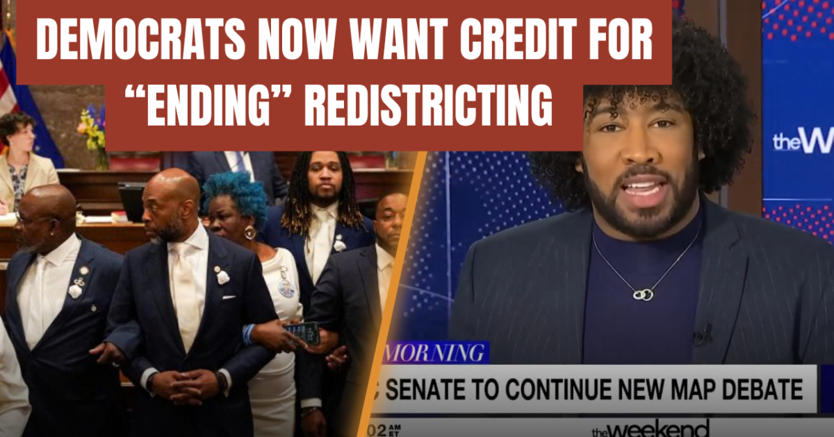 Image depicting a political discussion on redistricting, featuring Democratic leaders and a news segment highlighting the ongoing debate on electoral map changes.