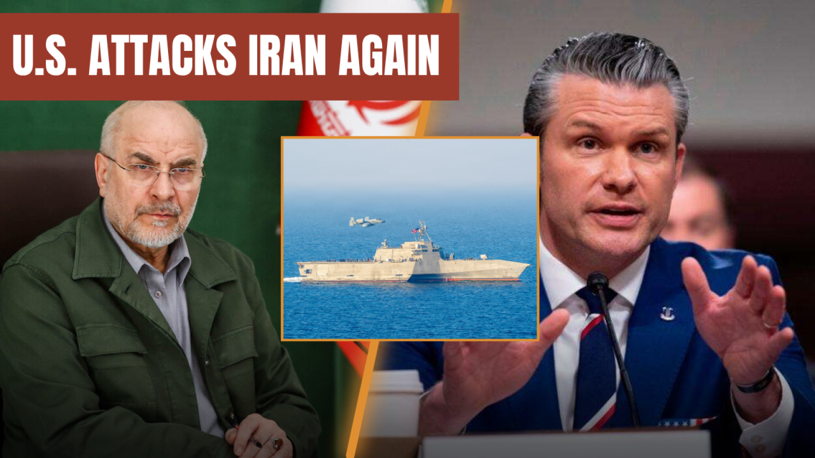 U.S. military tensions escalate as attacks on Iran intensify, featuring military officials and naval assets in a critical geopolitical context.