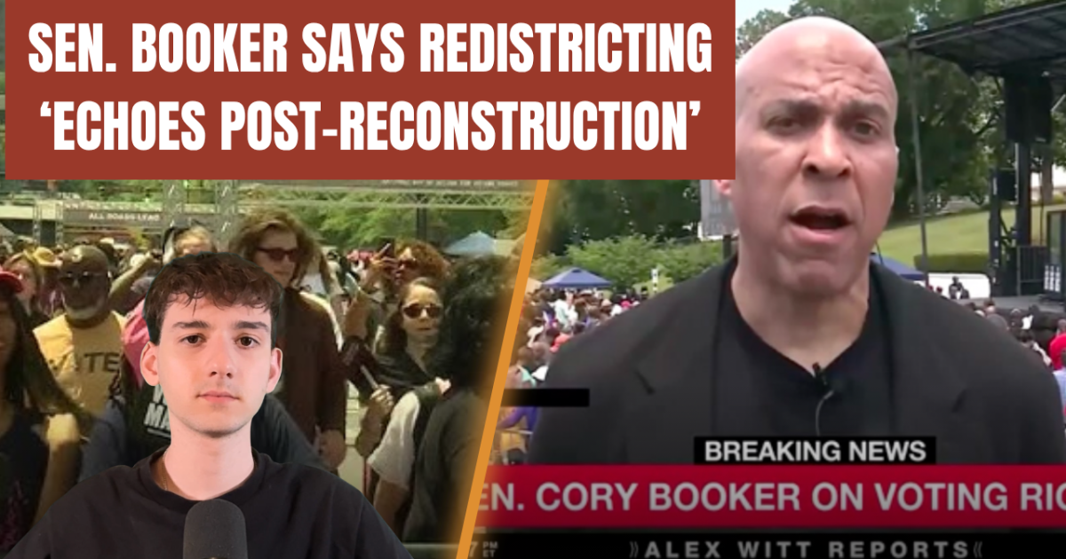 Senator Cory Booker discusses redistricting and its historical implications during a live news segment amid a crowd advocating for voting rights.