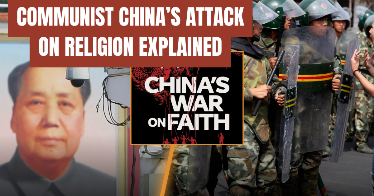 Image depicting the conflict between Communist China and religious practices, featuring military personnel and a historical figure, highlighting China's war on faith.
