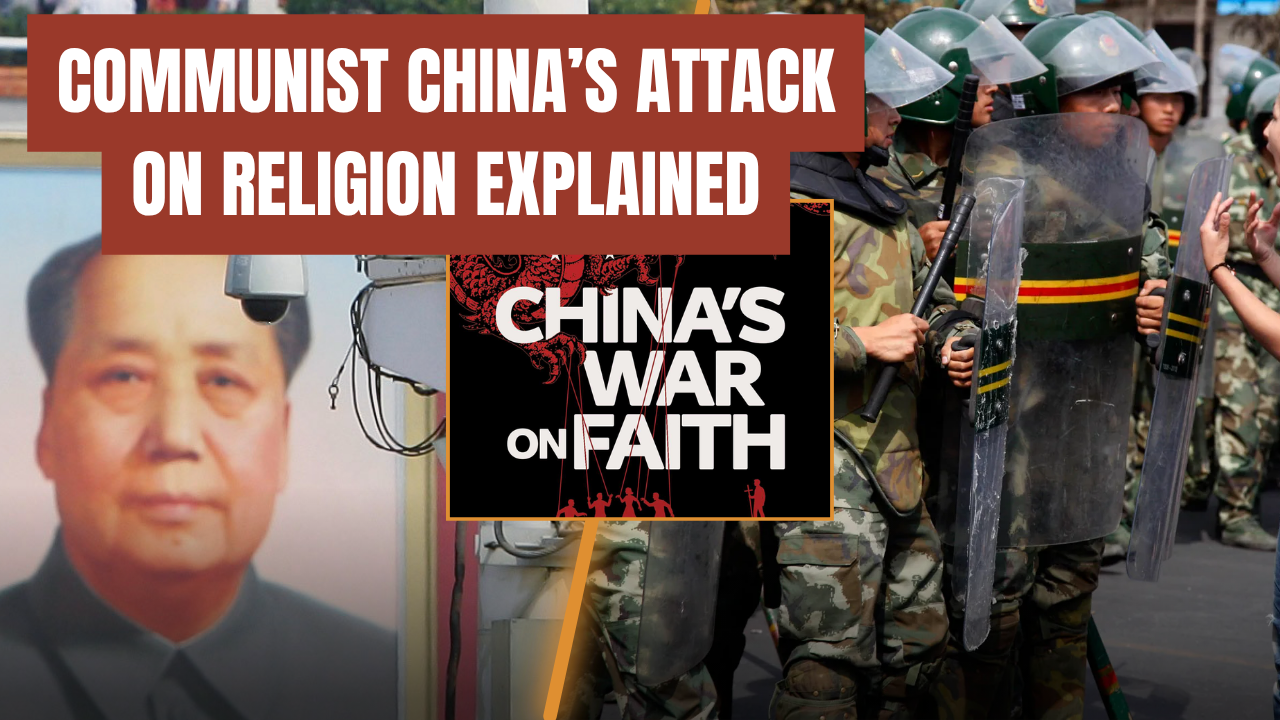 Image depicting the conflict between Communist China and religious practices, featuring military personnel and a historical figure, highlighting China's war on faith.