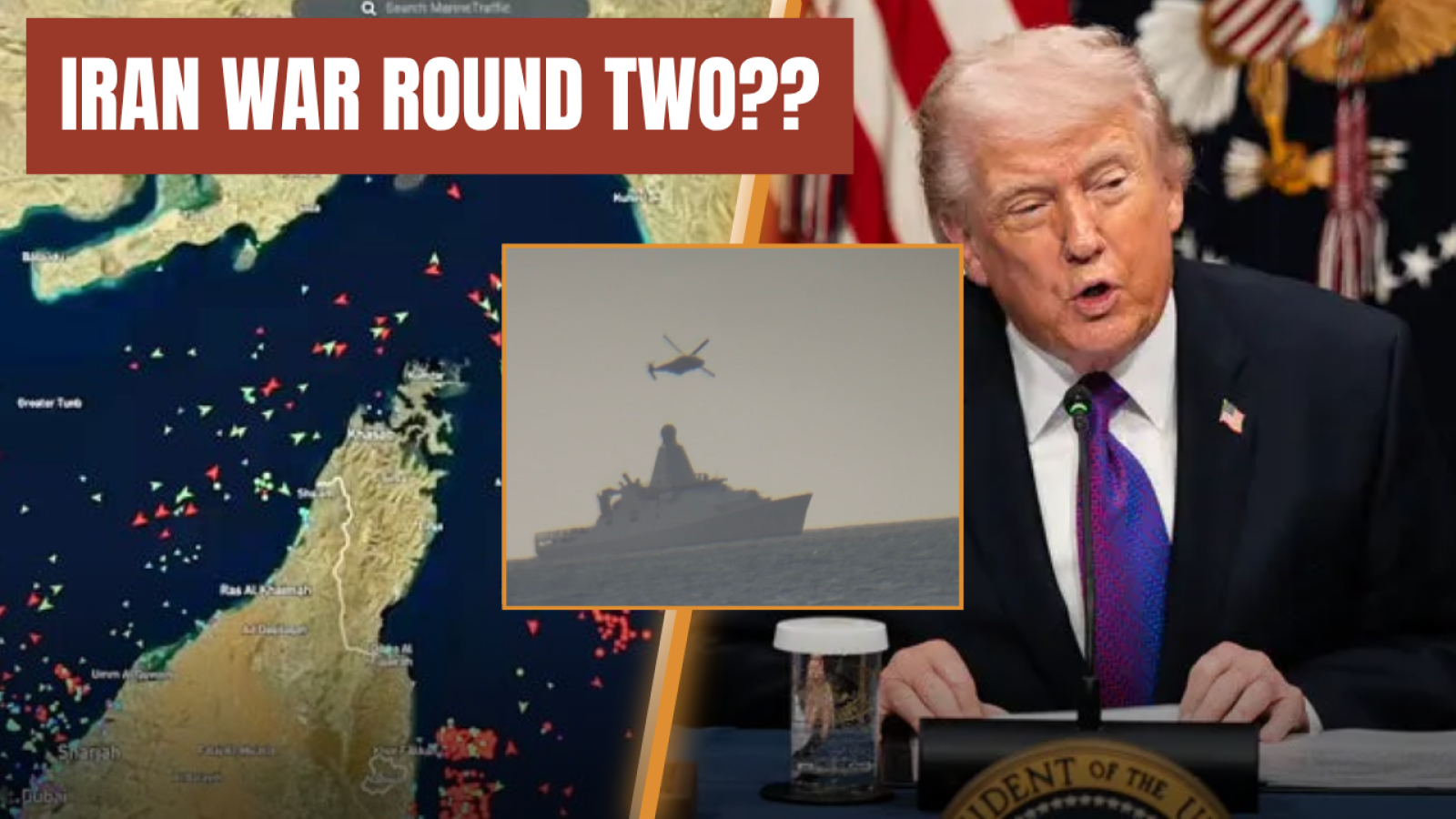 Donald Trump discusses potential military tensions with Iran, featuring a map of maritime traffic and a military helicopter in the background.