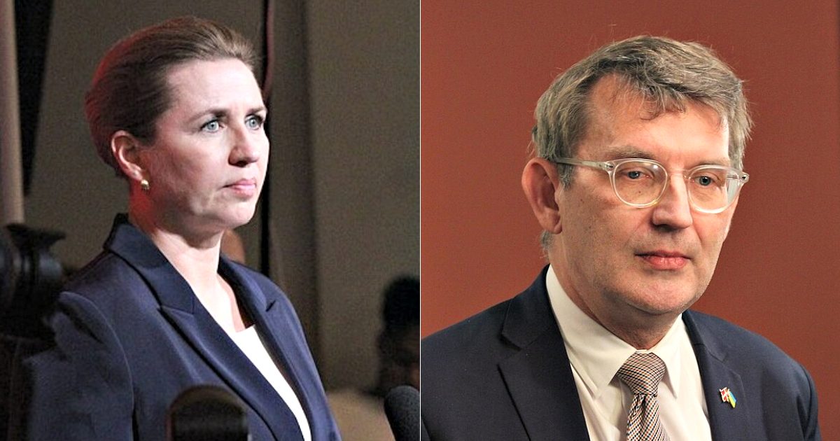 Two politicians engaged in a discussion, one on the left with a focused expression and the other on the right wearing glasses and a suit.