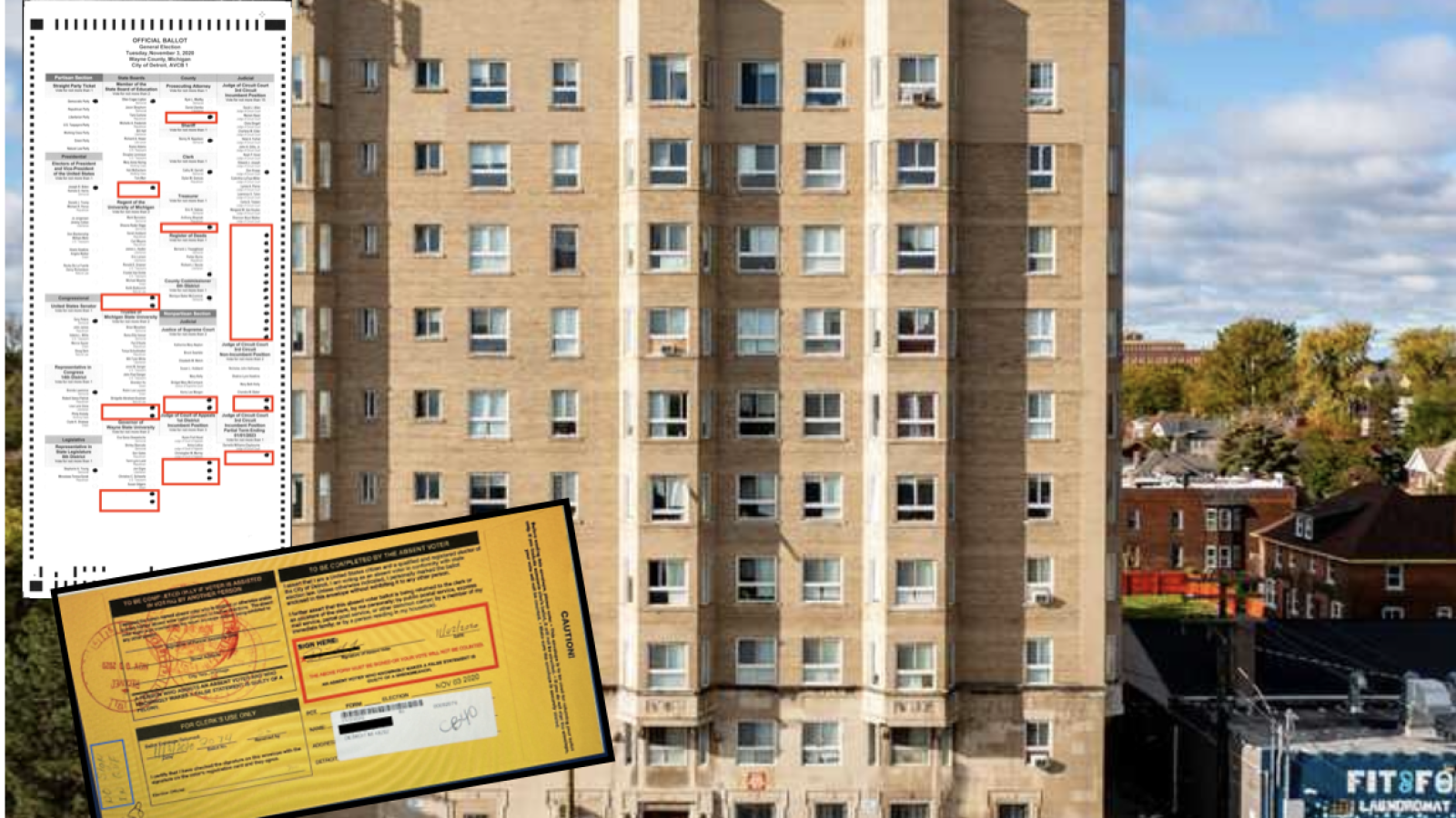Image of a residential building with official ballots and voter registration forms, highlighting civic engagement and the importance of voting in local elections.