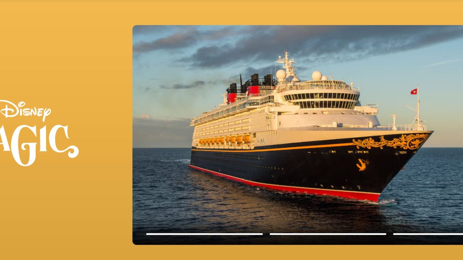 Disney Magic cruise ship sailing on the ocean during sunset, showcasing its iconic design and vibrant colors.