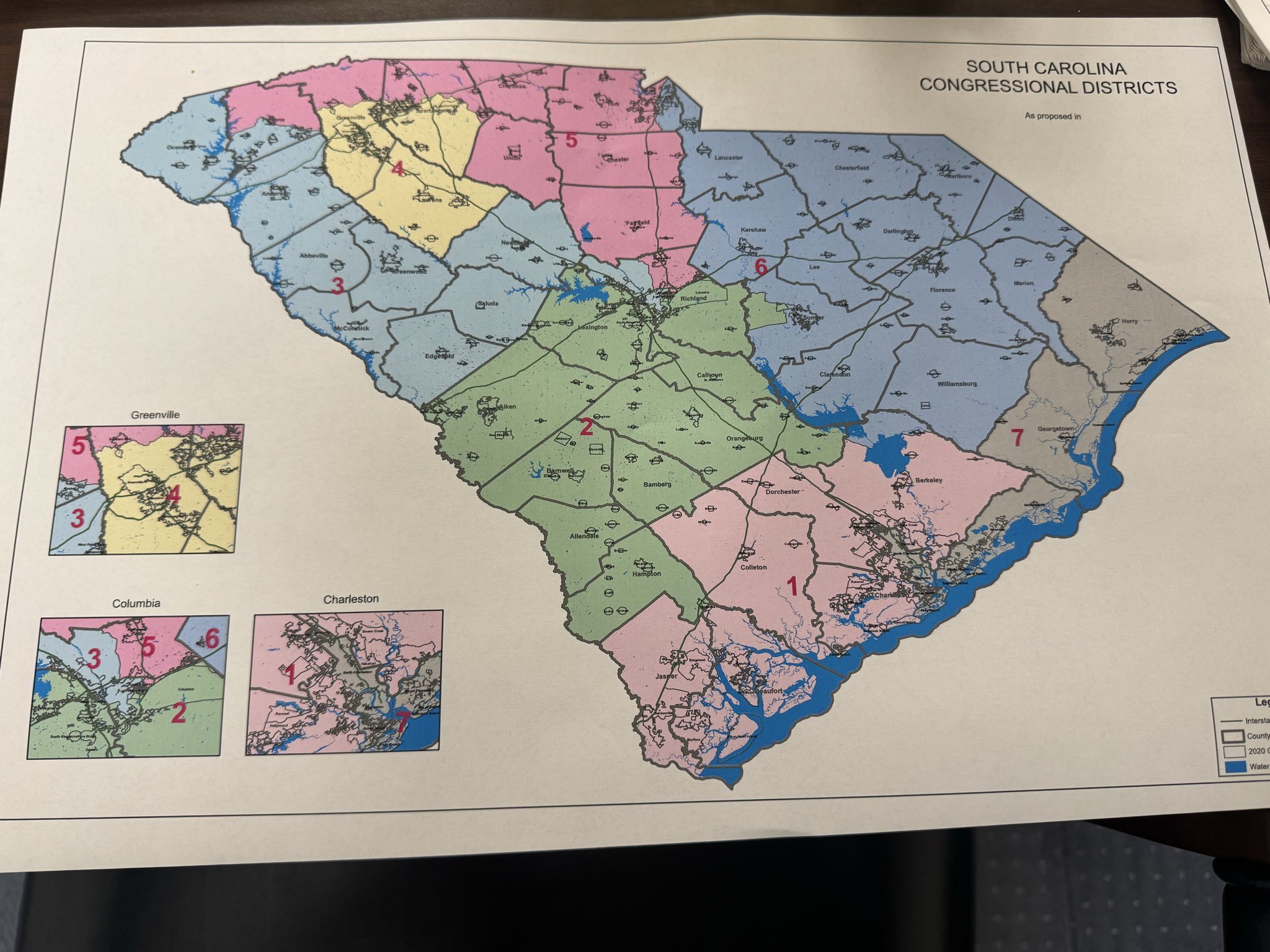 Map of South Carolina congressional districts, highlighting the boundaries and areas of each district with color-coded sections for easy identification.