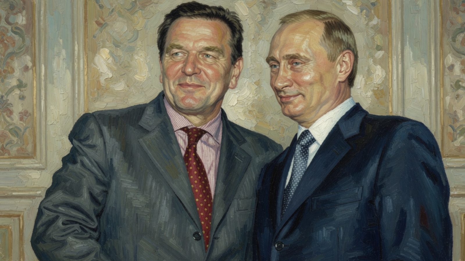 Portrait of two men in suits smiling together, set against an ornate background, representing a significant political meeting or friendship.