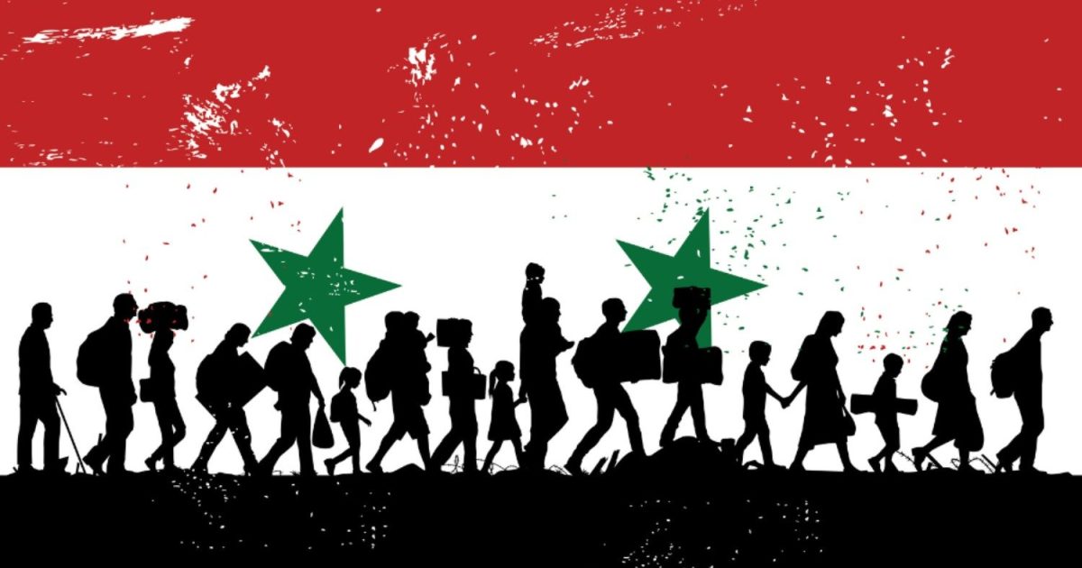 Silhouettes of refugees walking against a backdrop of the Syrian flag, symbolizing migration and the ongoing humanitarian crisis in Syria.