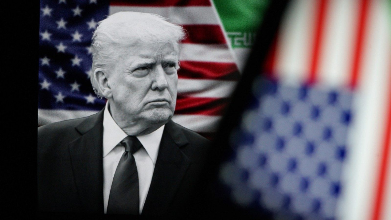 Black and white image of Donald Trump with American flags in the background, symbolizing political themes and national identity.