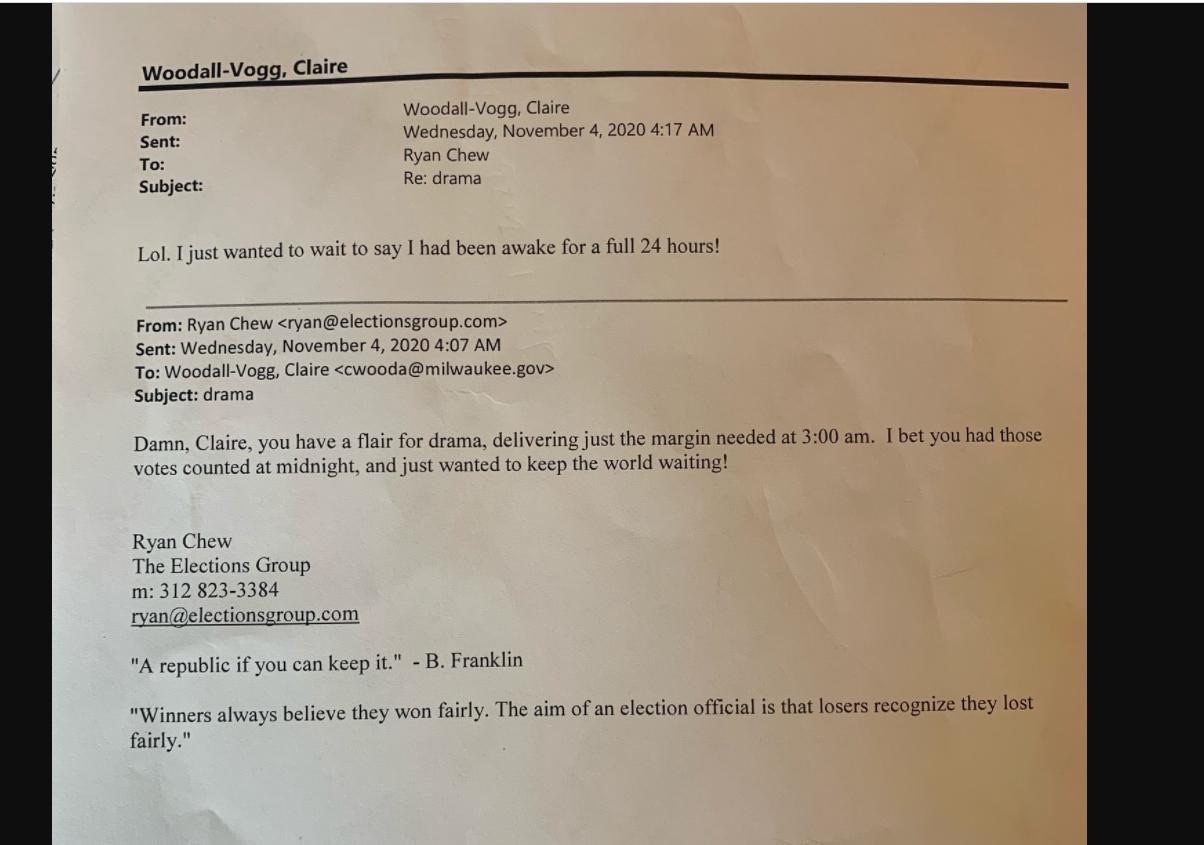 Email correspondence discussing election-related drama between Claire Woodall-Vogg and Ryan Chew, highlighting the stress of vote counting during a critical time.