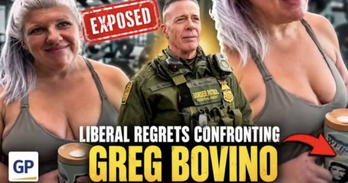 Image featuring a woman with gray hair and a Border Patrol agent, highlighting a controversial encounter, with text indicating the woman regrets confronting Greg Bovino.