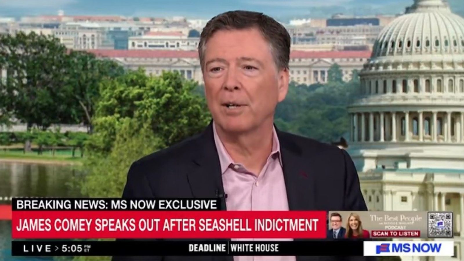 James Comey discusses the Seashell indictment during a live interview, with the U.S. Capitol in the background.