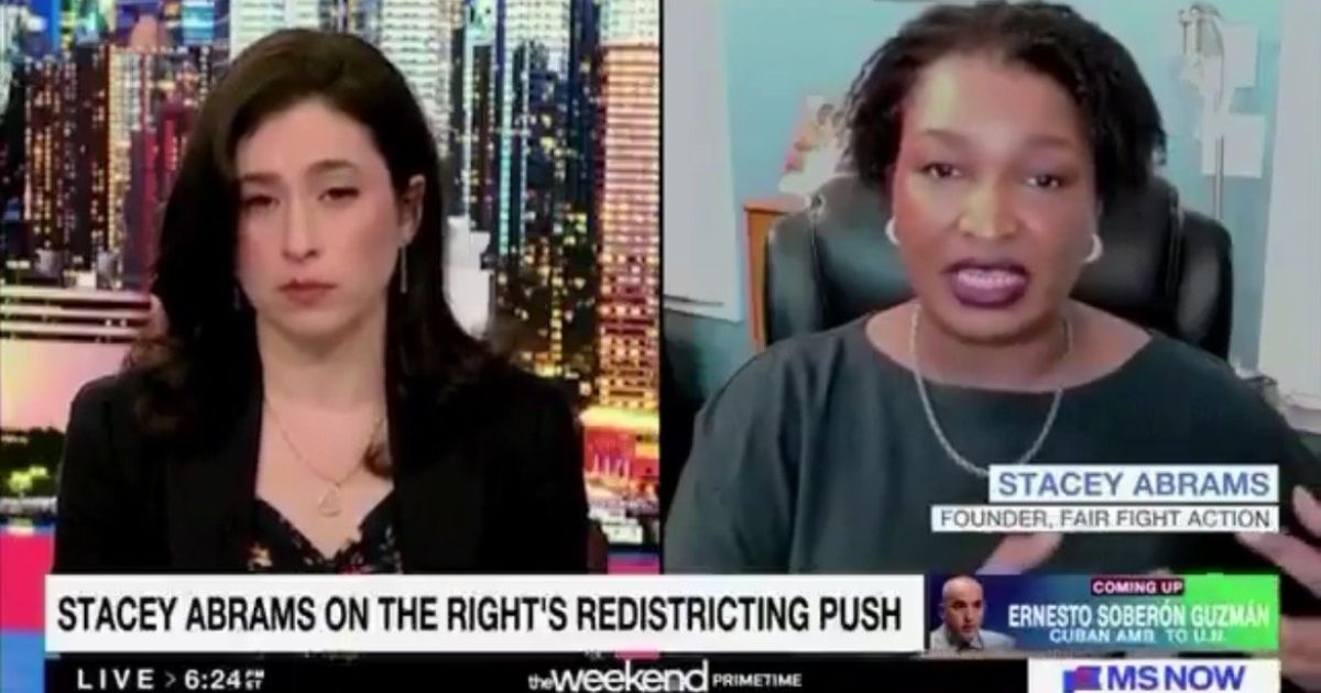 Stacey Abrams discusses redistricting challenges with a host during a news segment, emphasizing the impact of political strategies on voter representation.