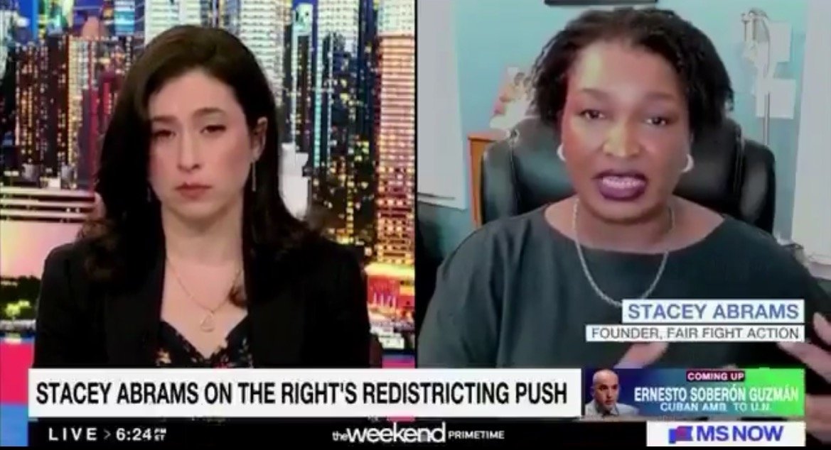 Stacey Abrams discusses redistricting challenges with a host during a news segment, emphasizing the impact of political strategies on voter representation.