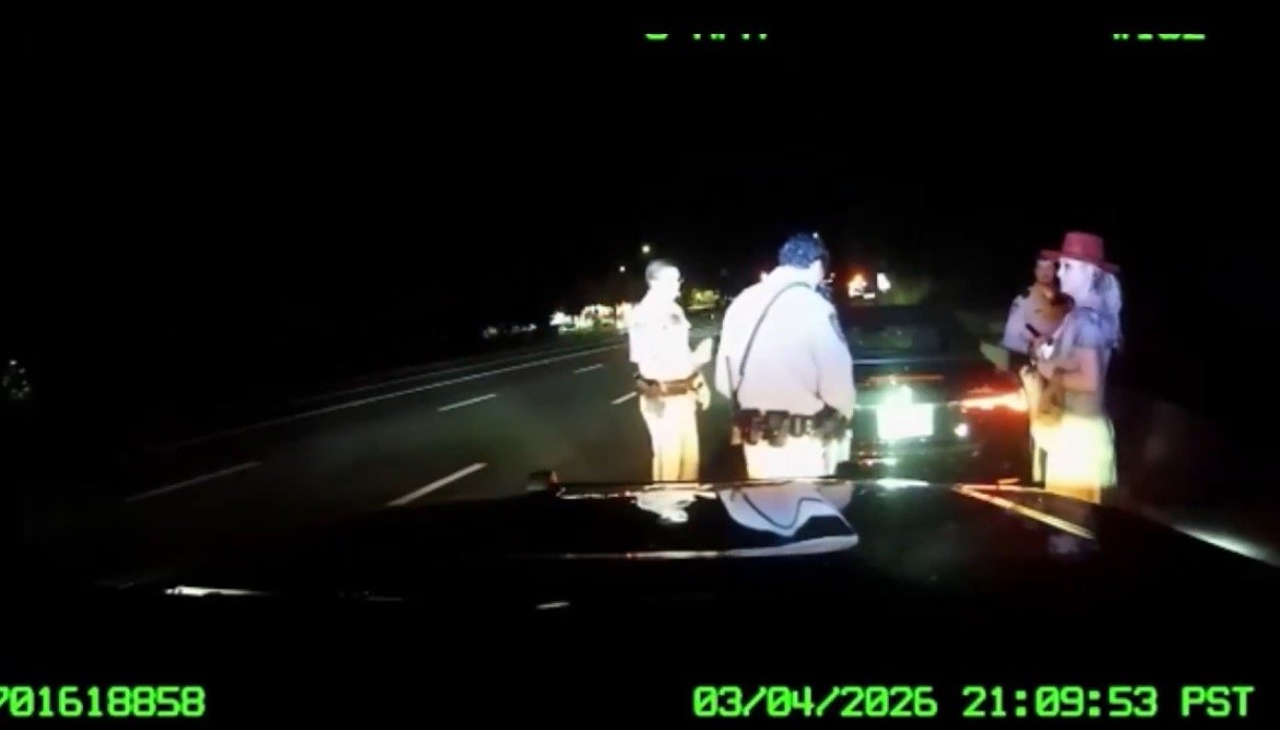 Police officers interact with a woman during a traffic stop at night on a dimly lit highway.