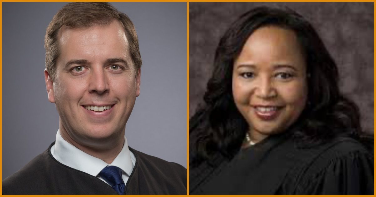Two judges in professional attire, one man and one woman, smiling at the camera, representing diversity in the judiciary system.