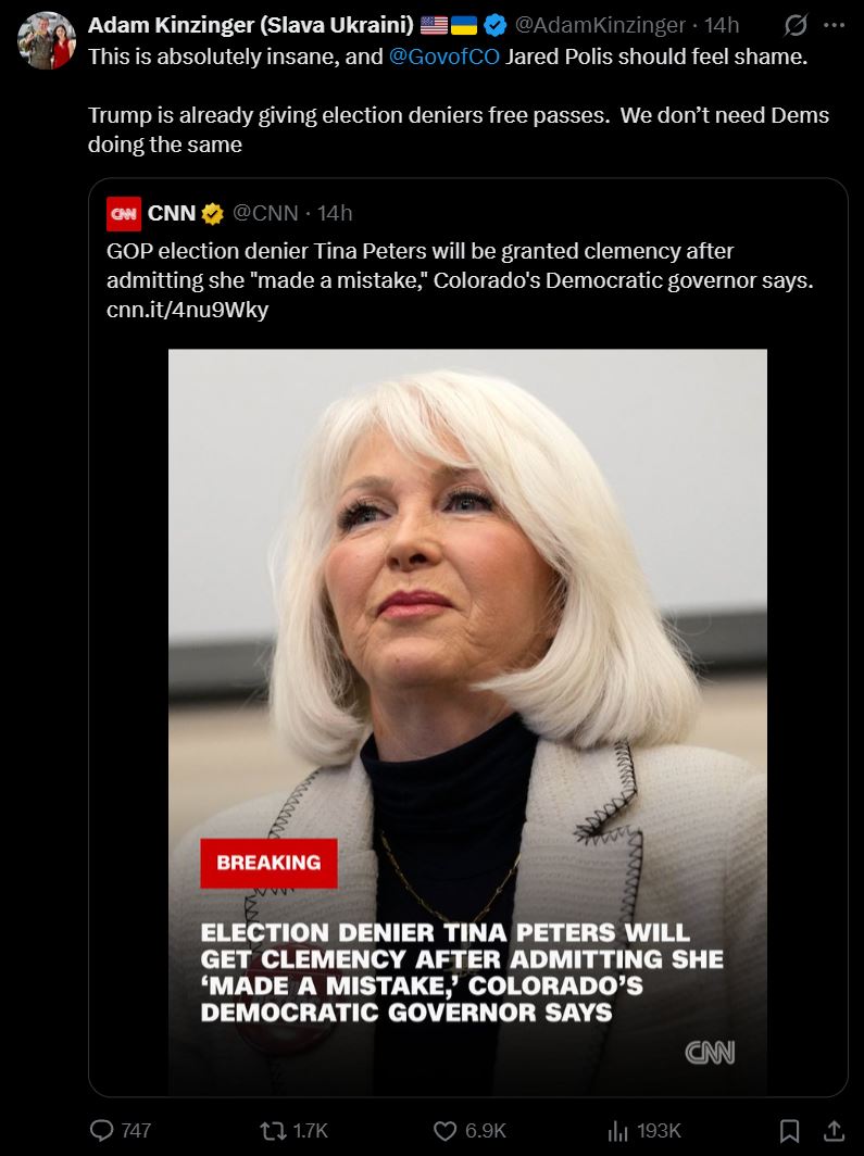 Tina Peters, an election denier, faces clemency after admitting to a mistake, as announced by Colorado's Democratic governor.