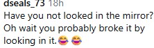 Humorous social media comment about self-reflection and self-image, featuring playful emojis to enhance the message.