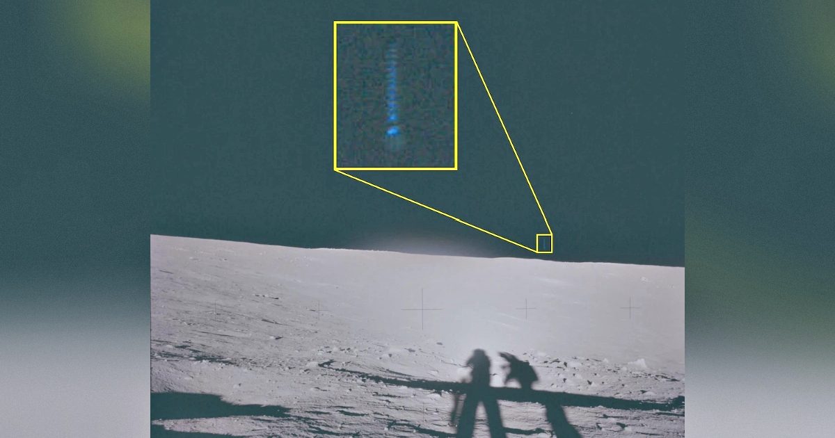 Astronauts explore the lunar surface, with a close-up of an unidentified blue object captured in the background, highlighting the mystery of space exploration.