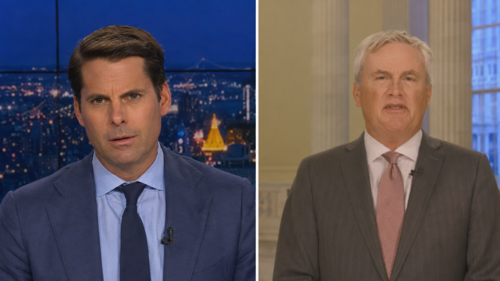 Two male news anchors presenting a segment, one in a studio setting and the other in a governmental environment.