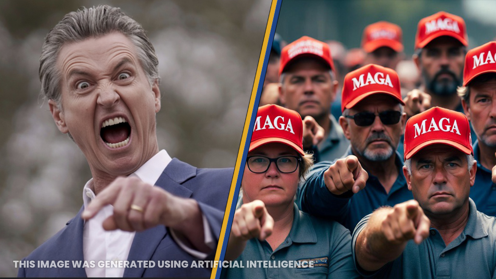 Political tension is depicted with a shouting politician on one side and a group of supporters in MAGA hats pointing in unison on the other side.