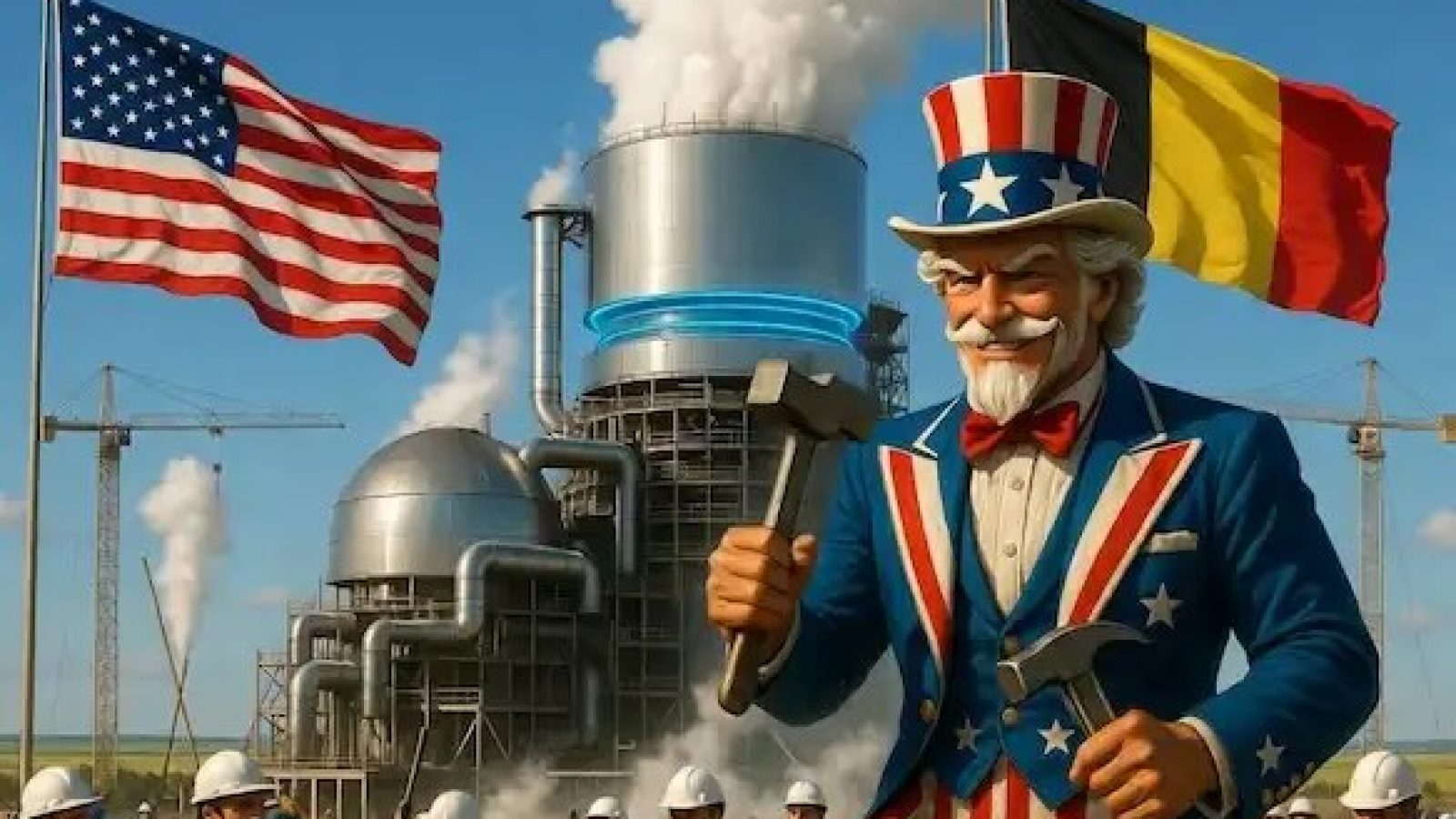Uncle Sam stands prominently in front of industrial facilities with American and Belgian flags, symbolizing international collaboration in energy and manufacturing sectors.