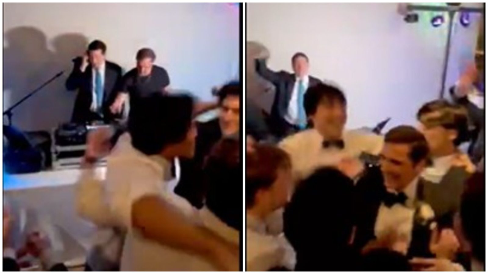 Group of men celebrating and dancing at a lively event with a DJ playing music in the background.