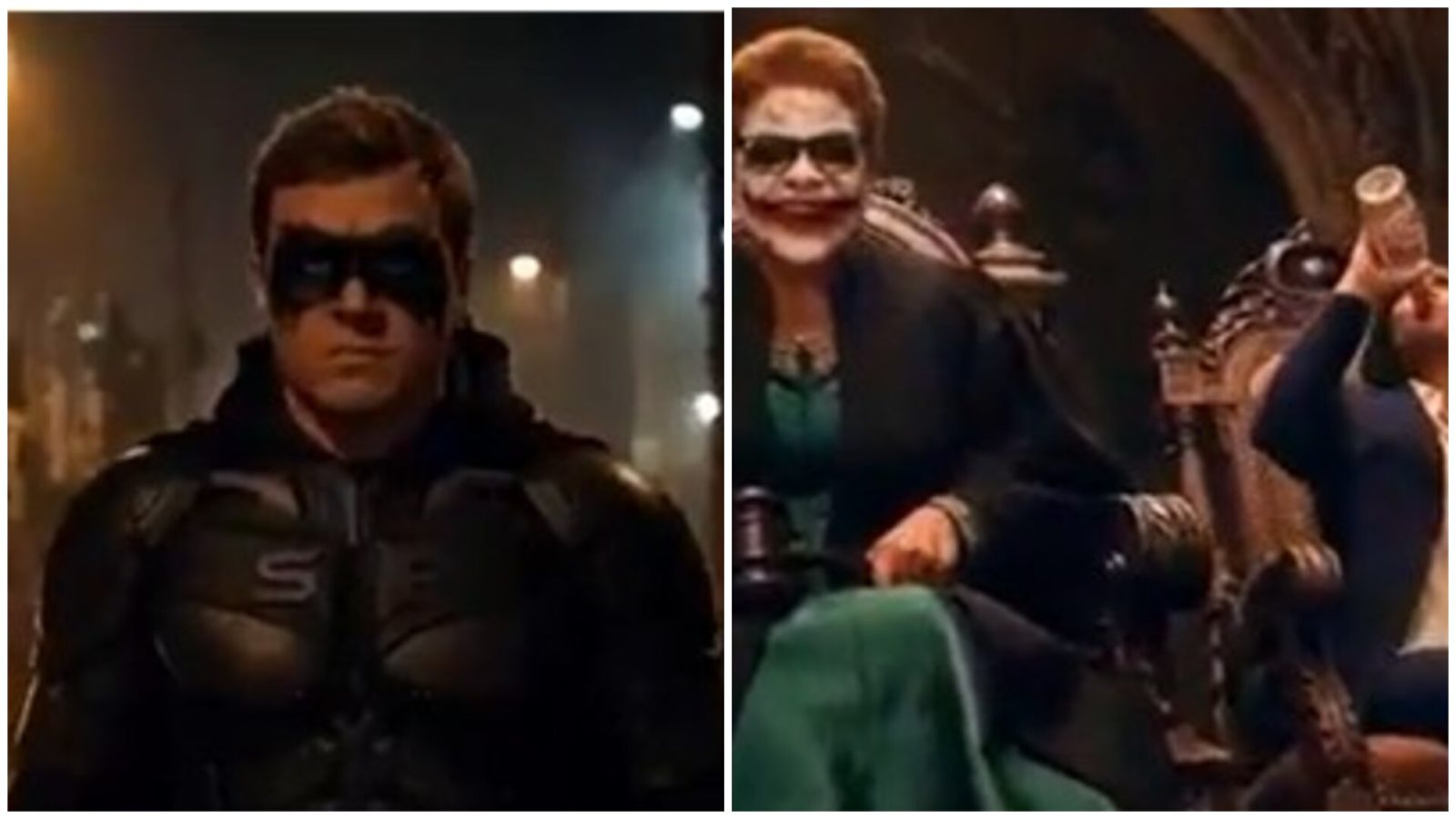 A superhero in a dark costume stands confidently, while a villainous character sits on a throne, showcasing a dramatic contrast in a cinematic scene.