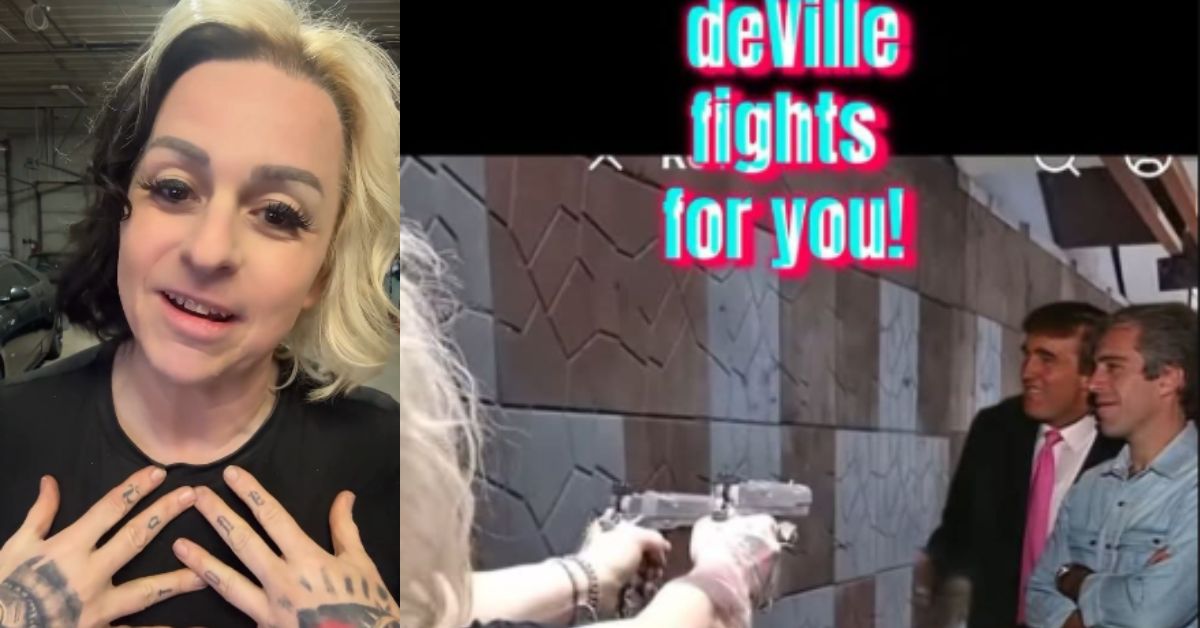 Tattooed woman smiles while discussing a scene featuring a gun, with text overlay promoting deVille's advocacy.