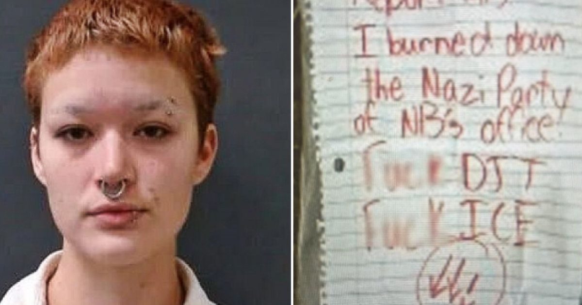 Mugshot of an individual with short hair and facial piercings, alongside a handwritten note expressing anti-Nazi sentiments and political statements.