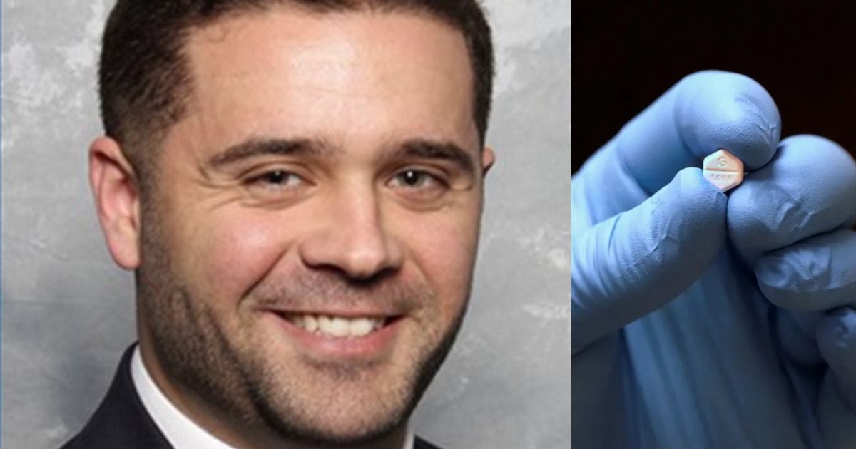 Close-up of a smiling man beside a gloved hand holding a hexagonal pill, highlighting pharmaceutical advancements in medication.