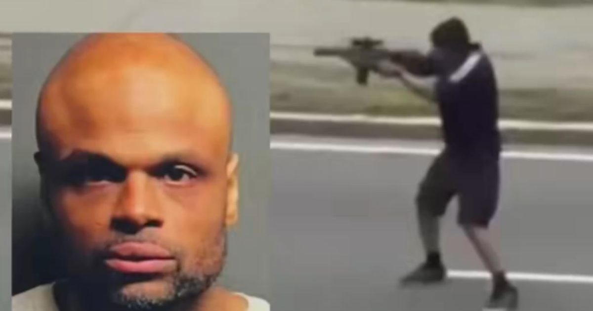 Image showing a man aiming a firearm on a street, alongside a close-up of his face, highlighting a tense situation.