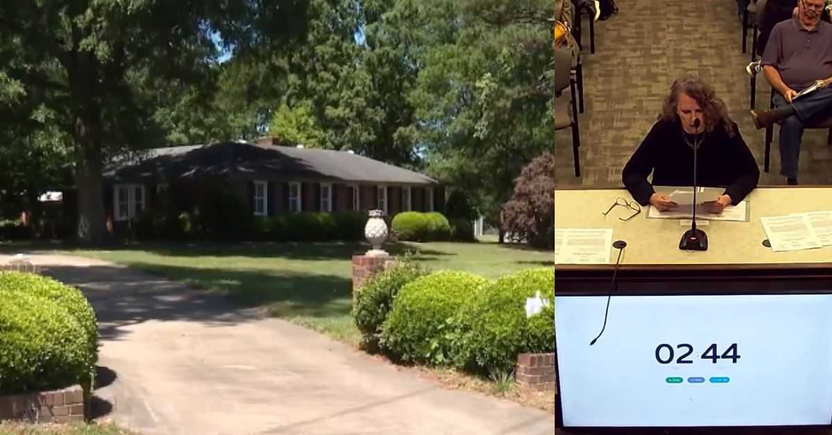 Image showing a suburban home with a well-maintained lawn alongside a woman speaking at a public meeting, with a timer visible on the screen.