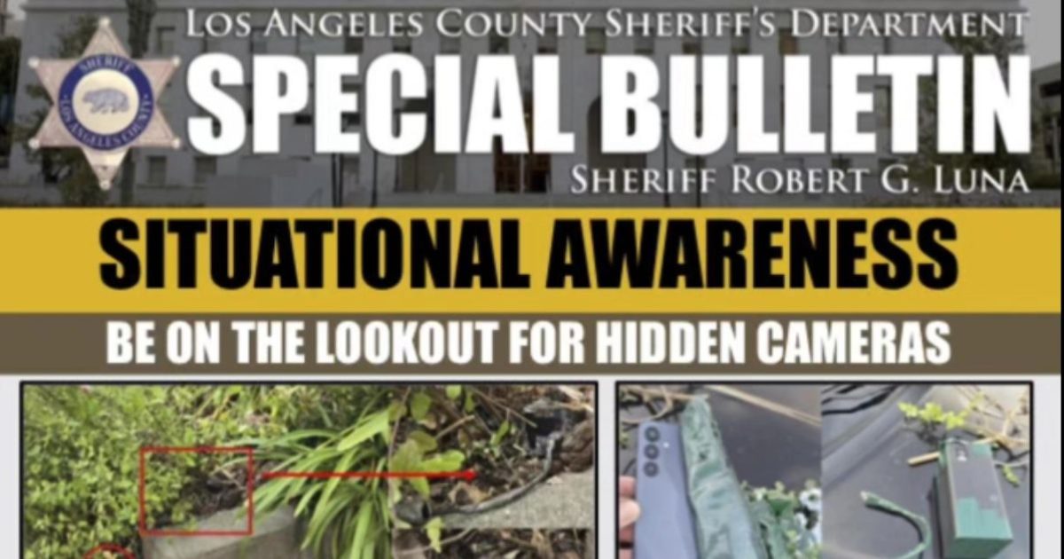 Los Angeles County Sheriff's Department special bulletin highlighting the need for situational awareness regarding hidden cameras, featuring images of potential surveillance devices.