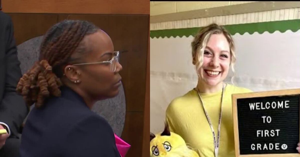 A split image showing a courtroom scene on the left and a smiling teacher welcoming students to first grade on the right.