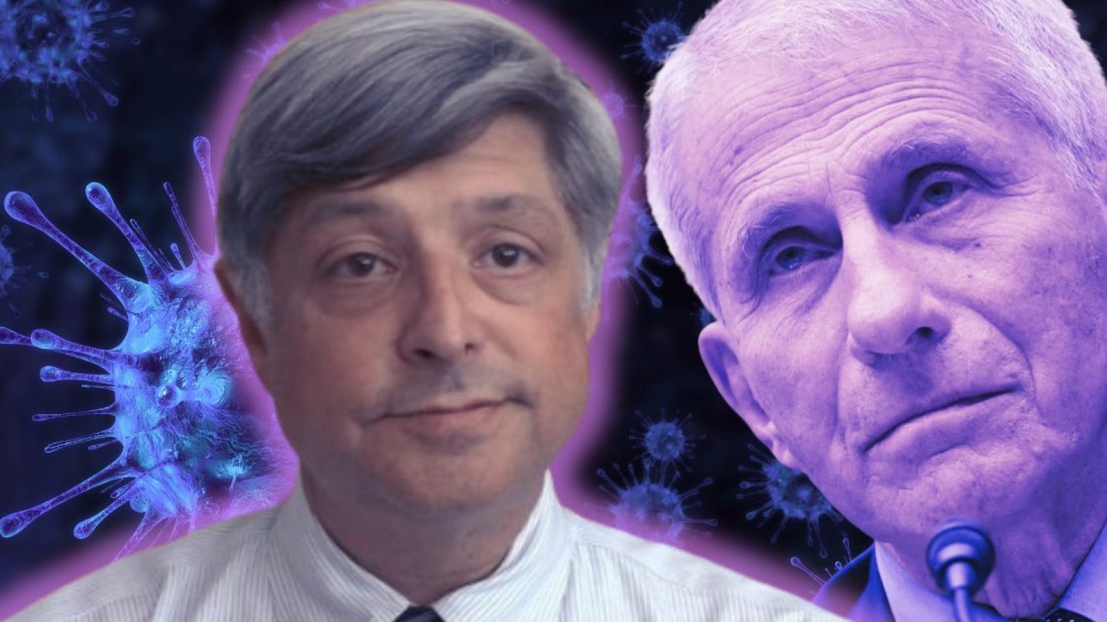 Image featuring two medical professionals against a backdrop of virus illustrations, highlighting discussions on public health and infectious diseases.