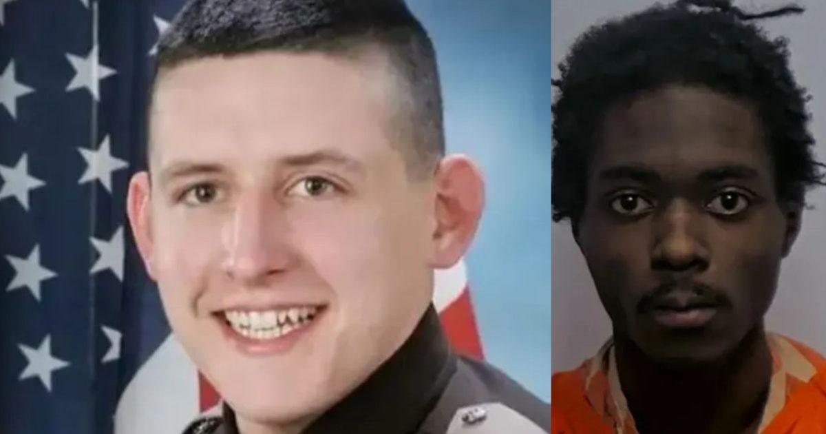 Image of a law enforcement officer smiling beside a mugshot of a suspect, set against a backdrop featuring the American flag.