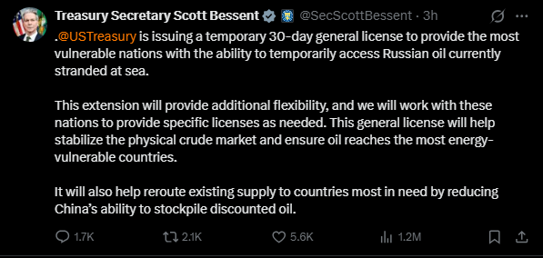Tweet from Treasury Secretary Scott Bessent announcing a temporary 30-day general license for vulnerable nations to access stranded Russian oil at sea.