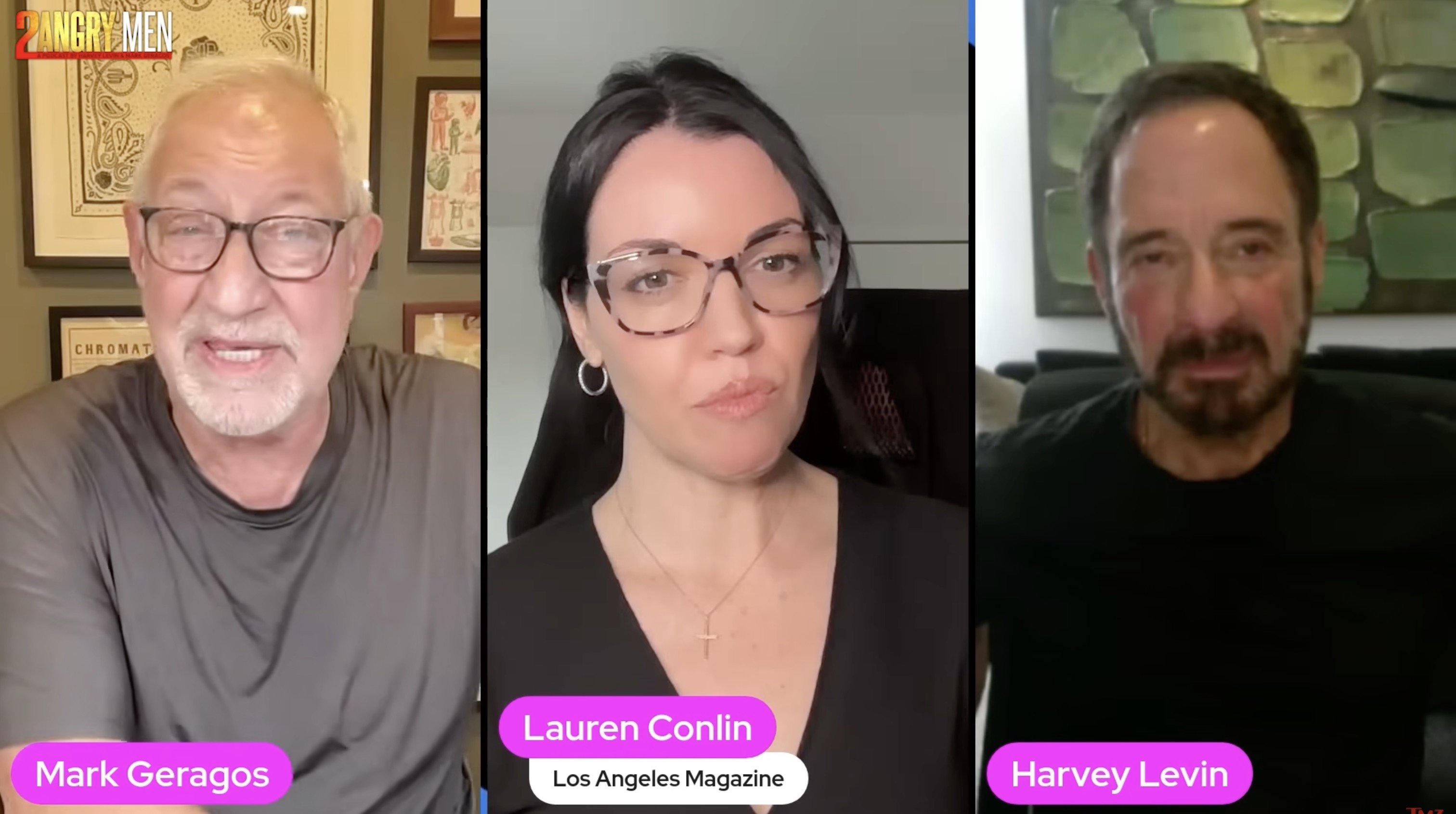 Mark Geragos, Lauren Conlin, and Harvey Levin discuss current events on the 2 Angry Men podcast, featuring engaging conversation and insights.